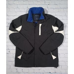 Nautica Jacket Mens M Black White Blue Hooded Full Zip Fleece‎ Lined